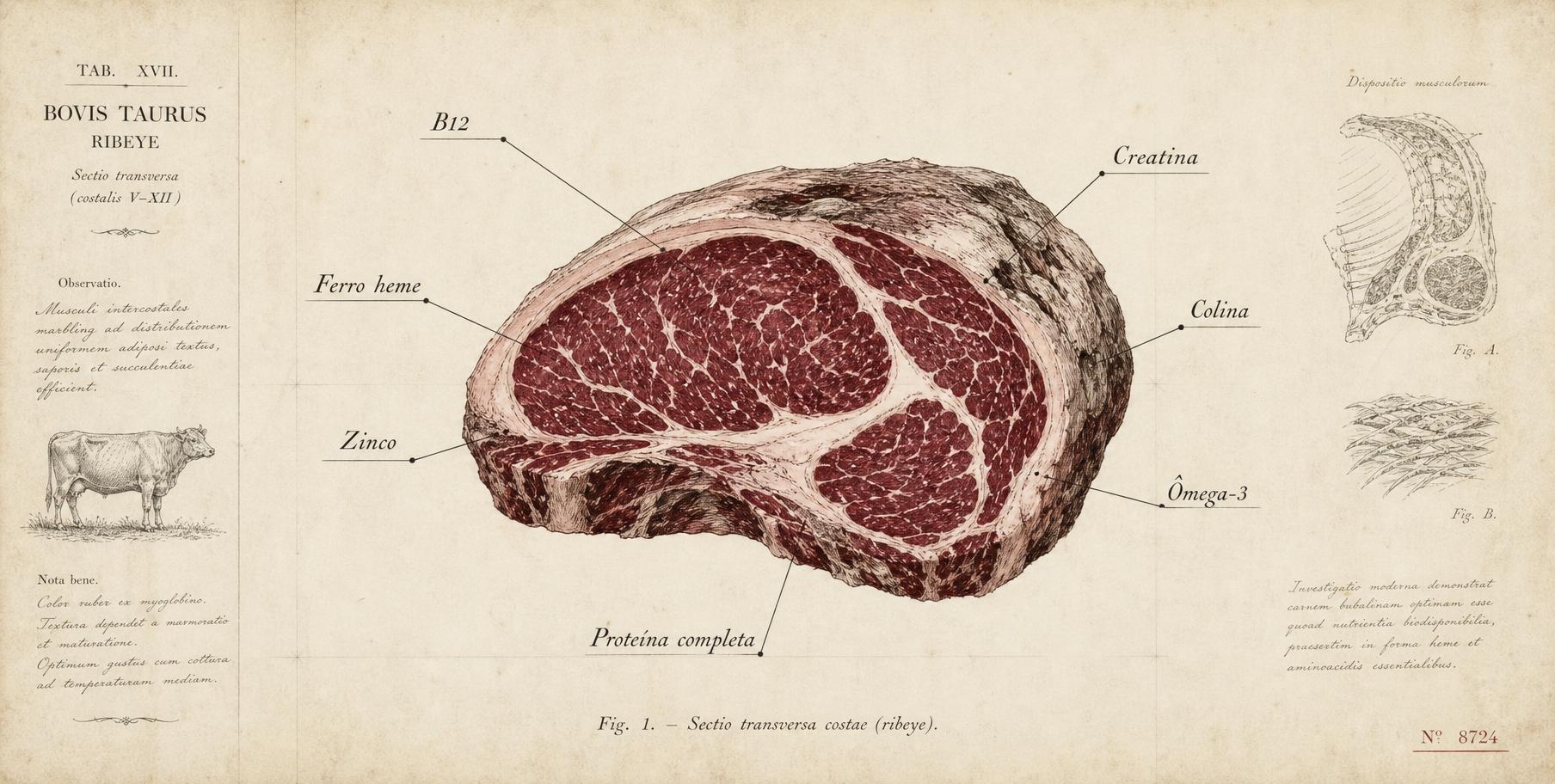 Placa de estudo científico: corte de carne cercado pelos nutrientes que contém, vitamina B12, ferro heme, zinco, creatina, colina, ômega-3
